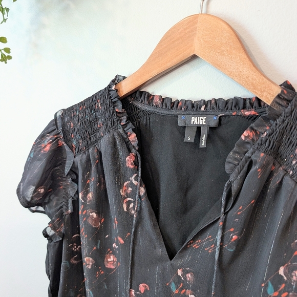 PAIGE Black Floral Blouse with Ruffle Details Size Small - Picture 2 of 9